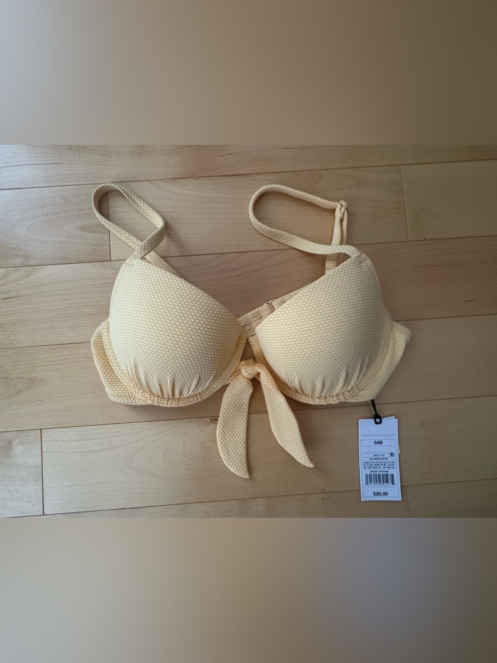 Women’s Light Yellow Textured Tie-Front Bikini Top